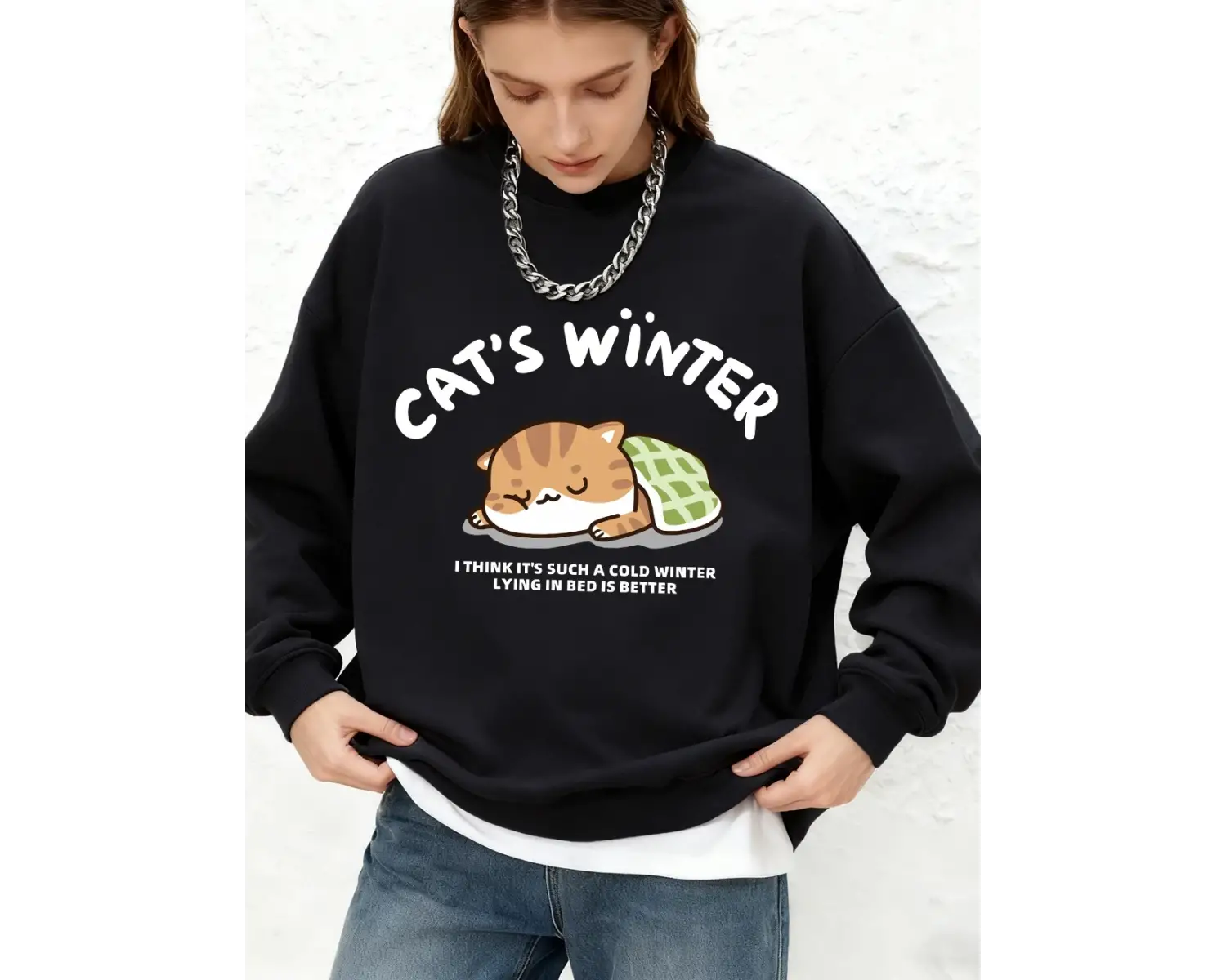 CatS Winter Sleeping Prints Kapüşonlular Bayan Temel Sıcak Uzun Kollu Kazak Jogger Bisiklet