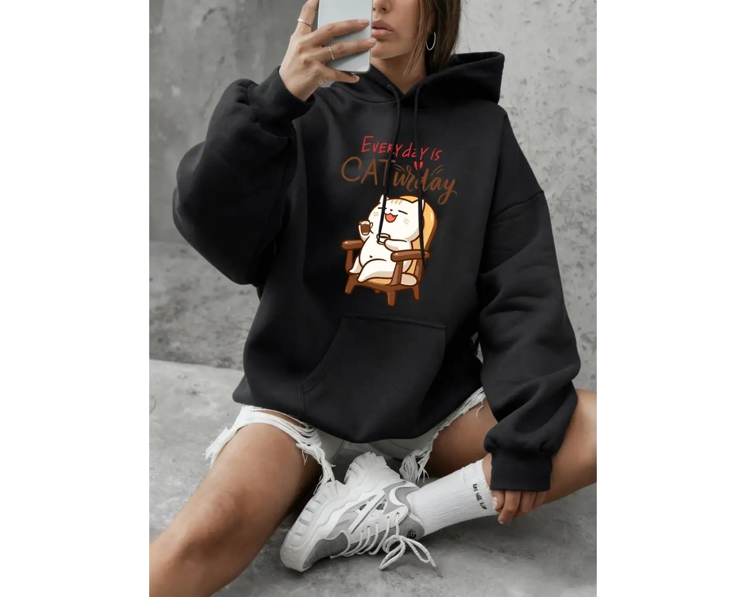 Cat Widay Coffee Happy Cats Baskılı Kapüşonlu Üst Bayan Günlük Bol Sweatshirt Kışlık Polar Sı