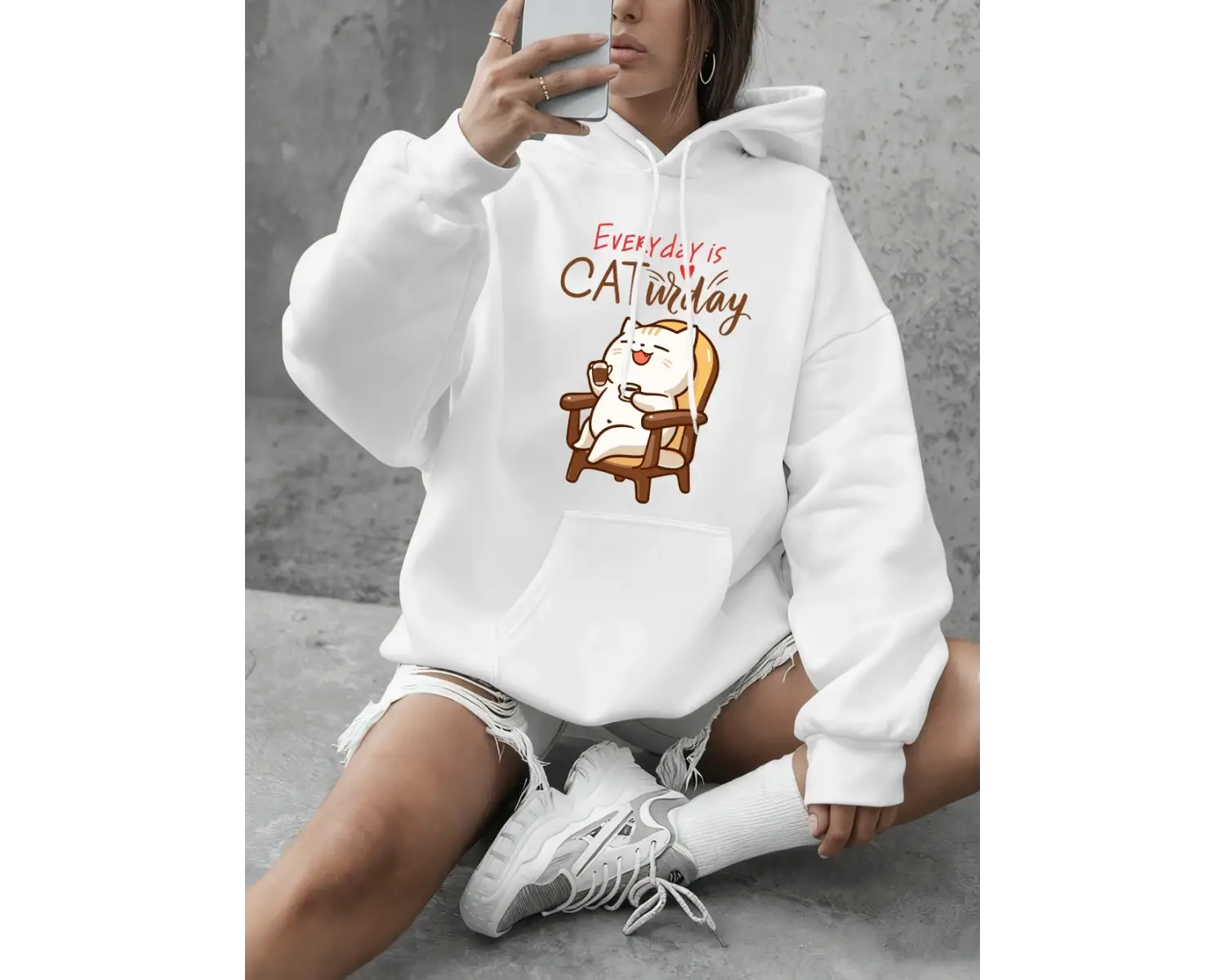Cat Widay Coffee Happy Cats Baskılı Kapüşonlu Üst Bayan Günlük Bol Sweatshirt Kışlık Polar Sı