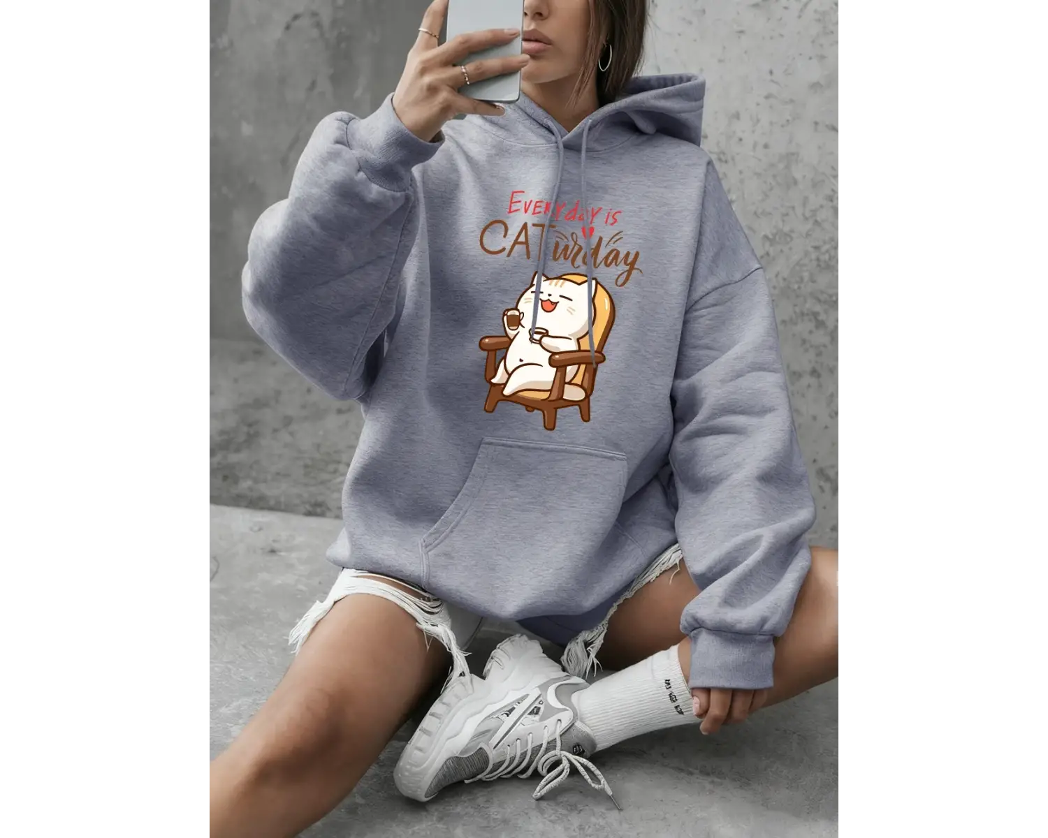 Cat Widay Coffee Happy Cats Baskılı Kapüşonlu Üst Bayan Günlük Bol Sweatshirt Kışlık Polar Sı