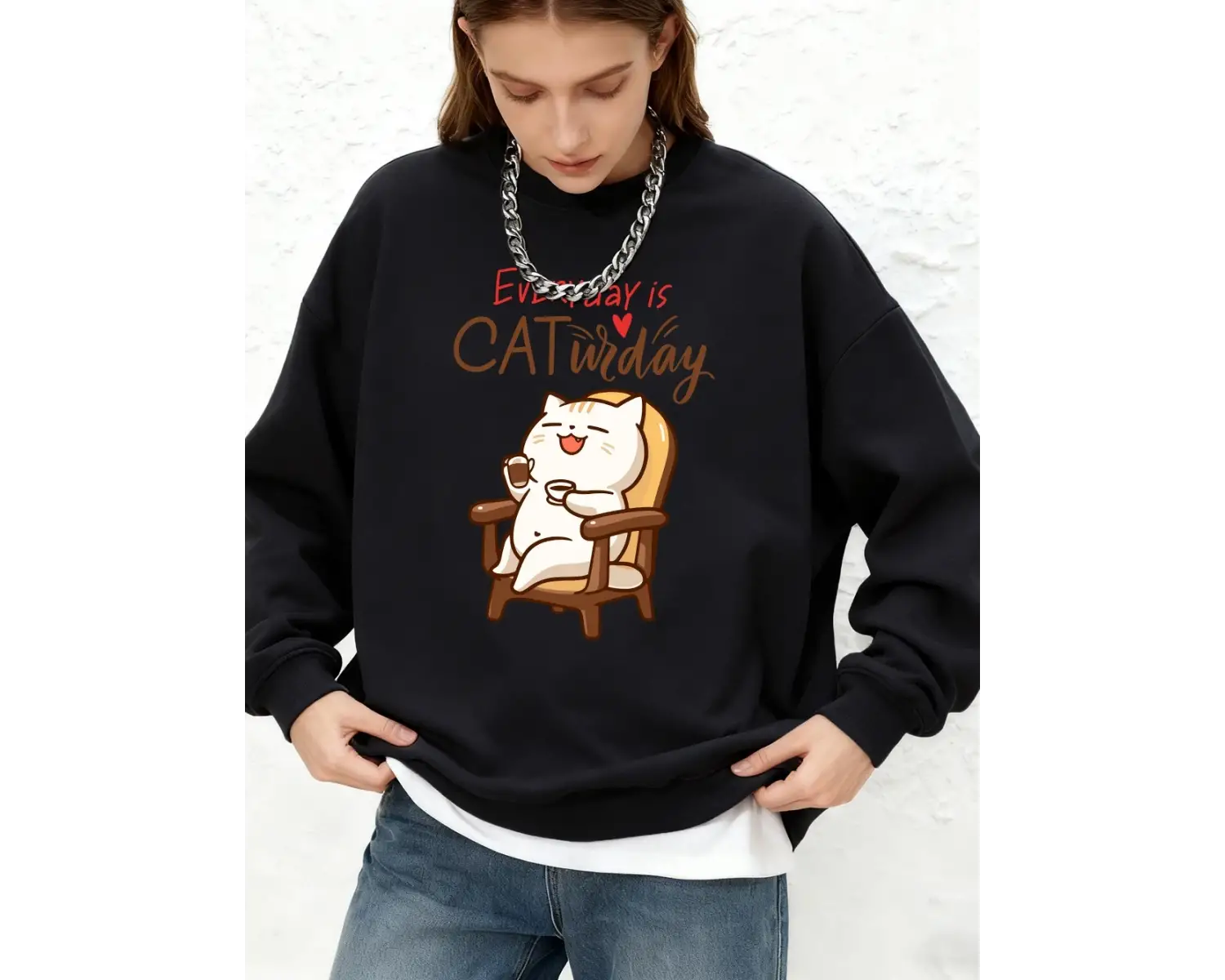 Cat Widay Coffee Happy Cats Baskılı Tişörtü Bayan Sonbahar Uzun Kollu Bisiklet Yaka Kapüşonlu