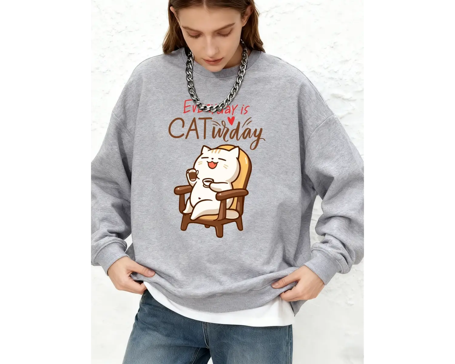 Cat Widay Coffee Happy Cats Baskılı Tişörtü Bayan Sonbahar Uzun Kollu Bisiklet Yaka Kapüşonlu