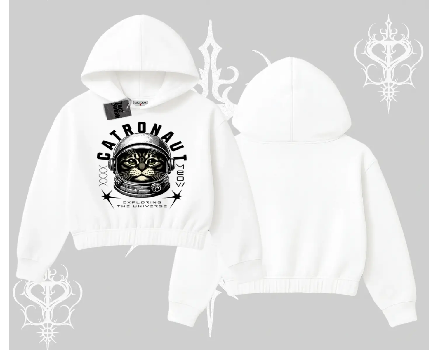 Catronaut Kedi Baskılı Kapşonlu Crop Sweatshirt