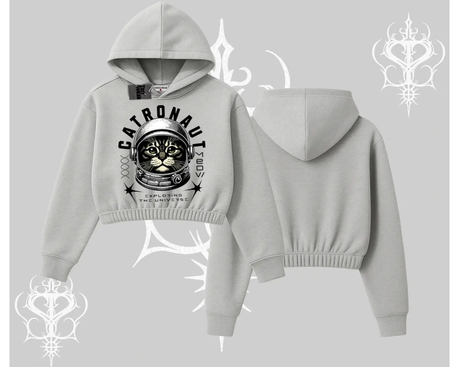 Catronaut Kedi Baskılı Kapşonlu Crop Sweatshirt