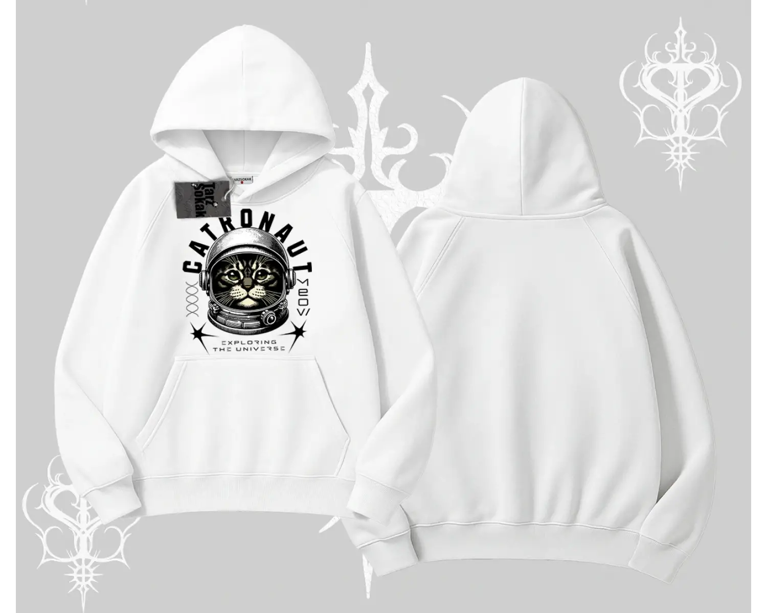 Catronaut Kedi Baskılı Kapşonlu Sweatshirt