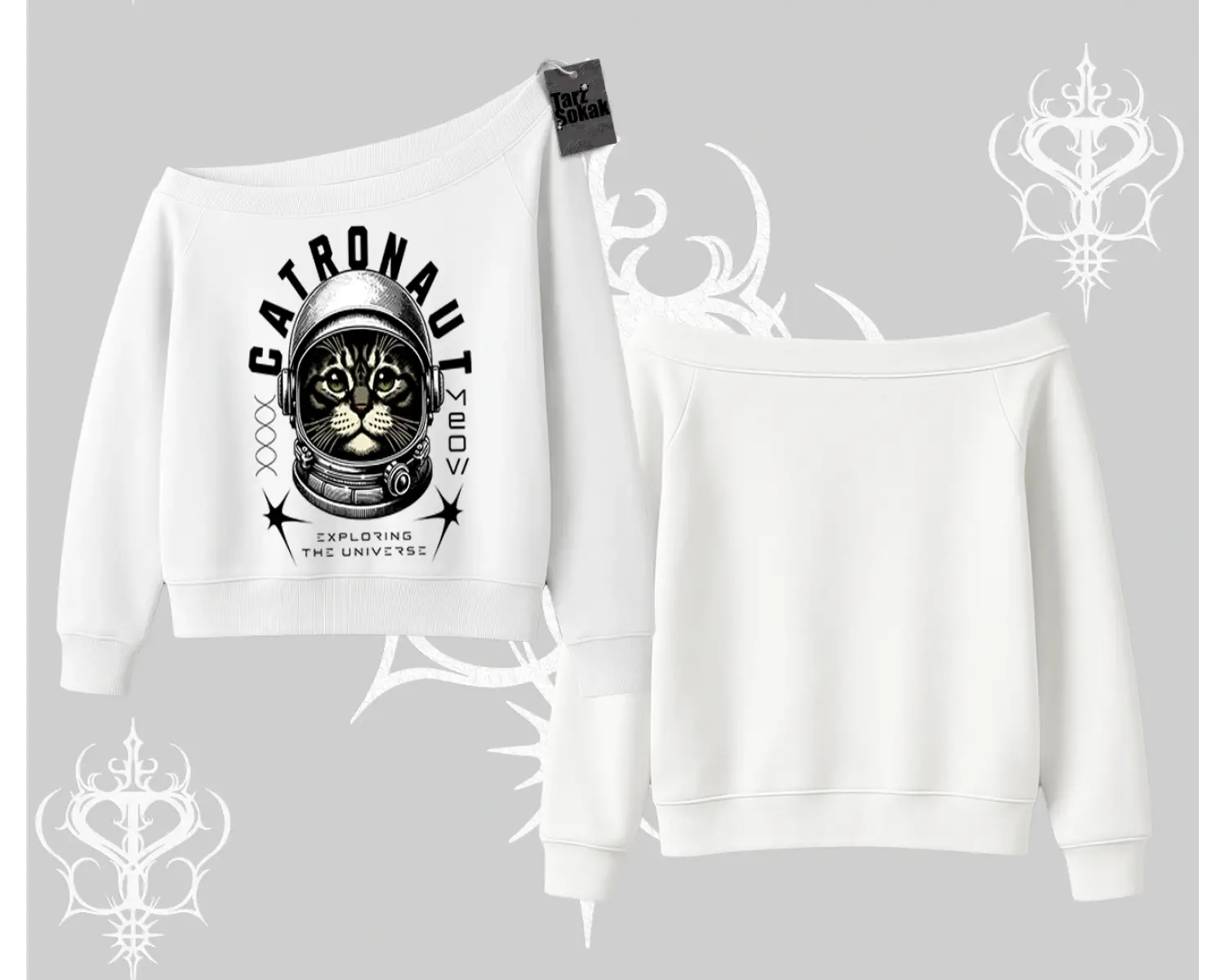 Catronaut Kedi Baskılı Kayık Yaka Sweatshirt