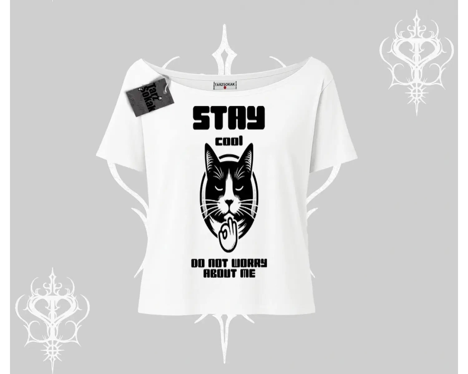 Catronaut Kedi Baskılı Kayık Yaka Tshirt