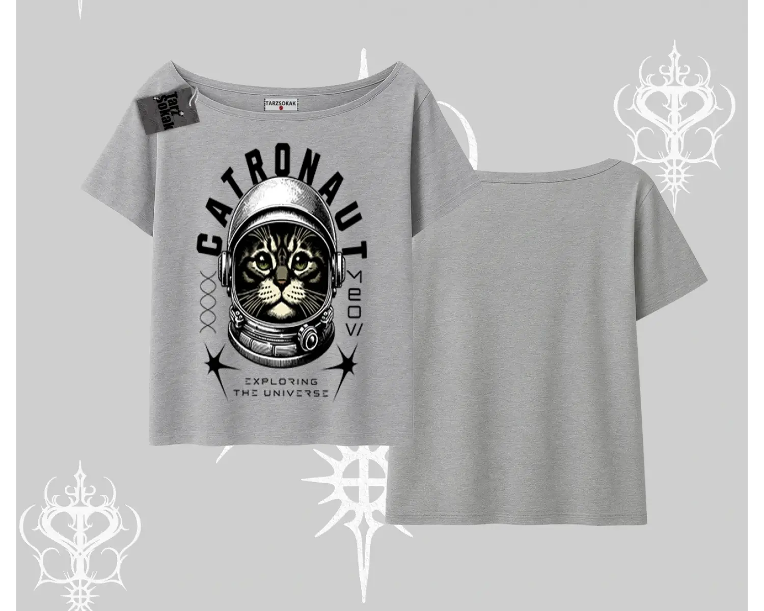 Catronaut Kedi Baskılı Kayık Yaka Tshirt