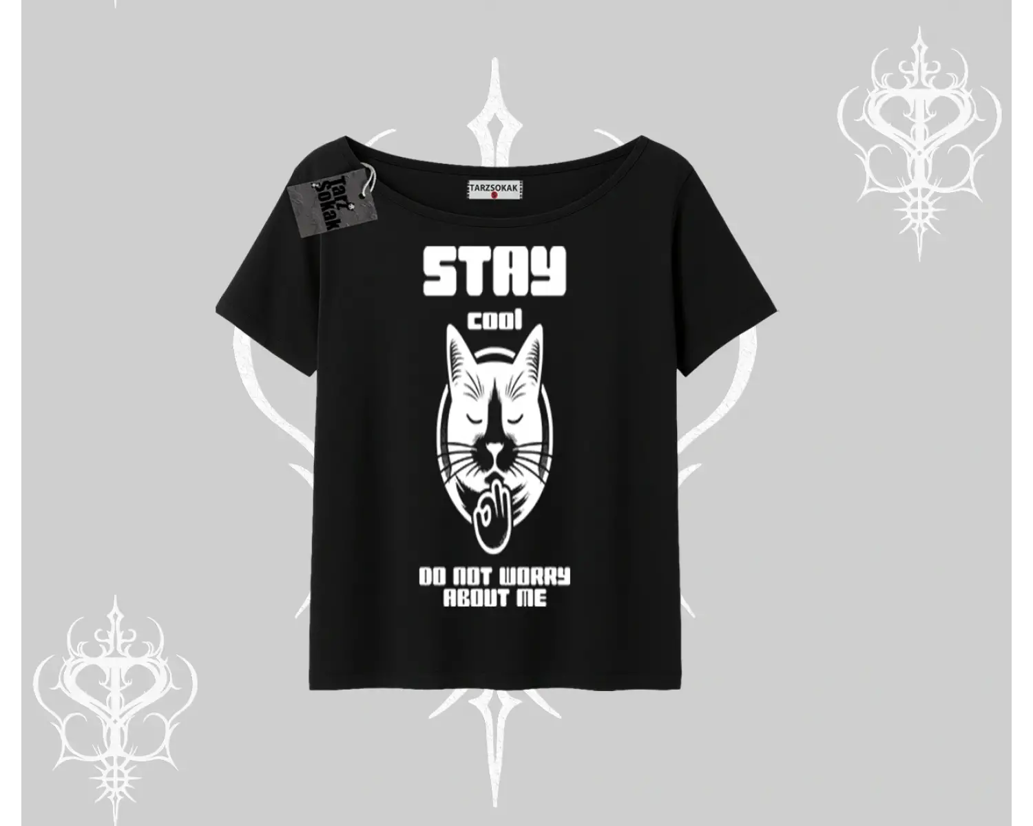 Catronaut Kedi Baskılı Oversize Crop Tshirt