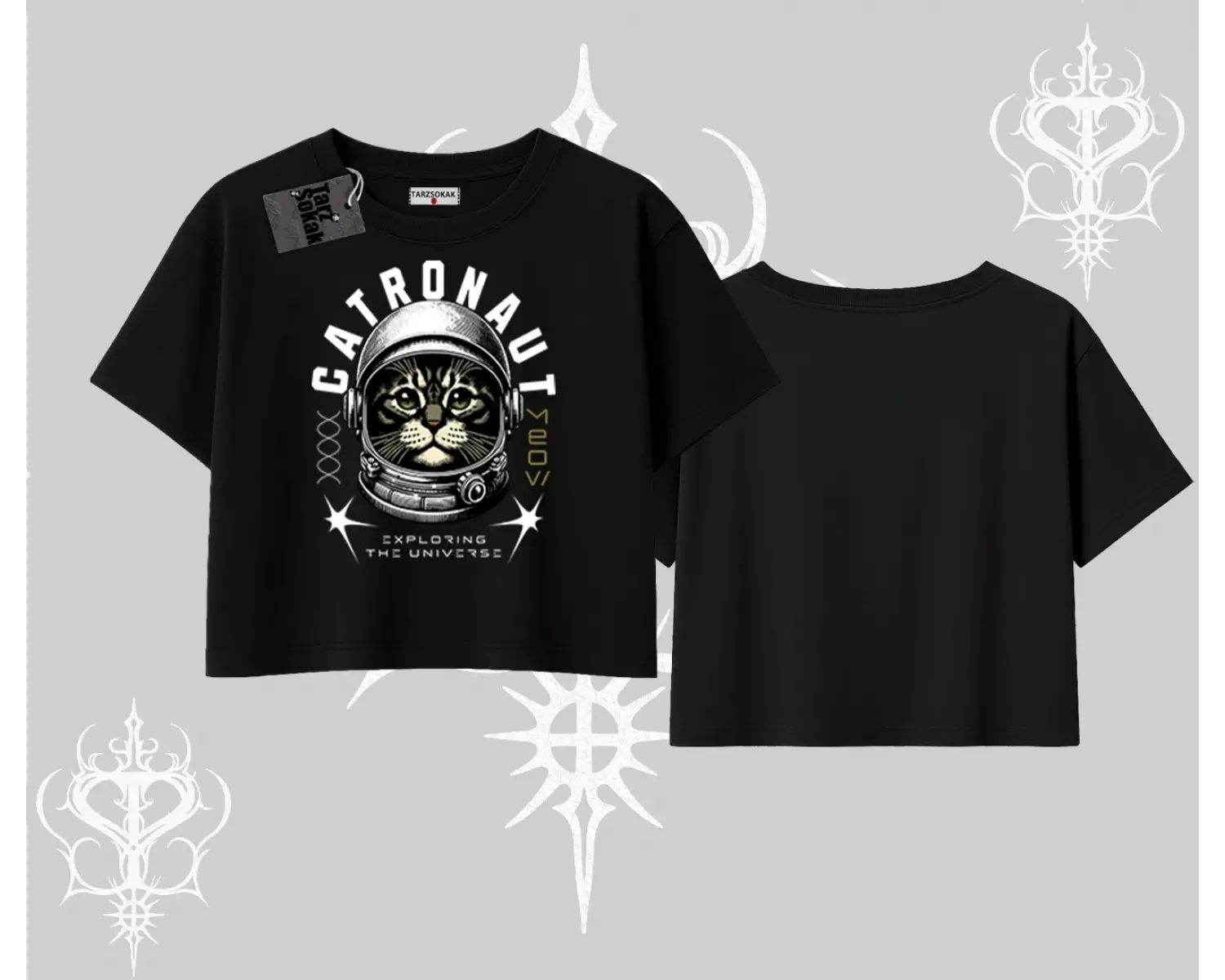 Catronaut Kedi Baskılı Oversize Crop Tshirt