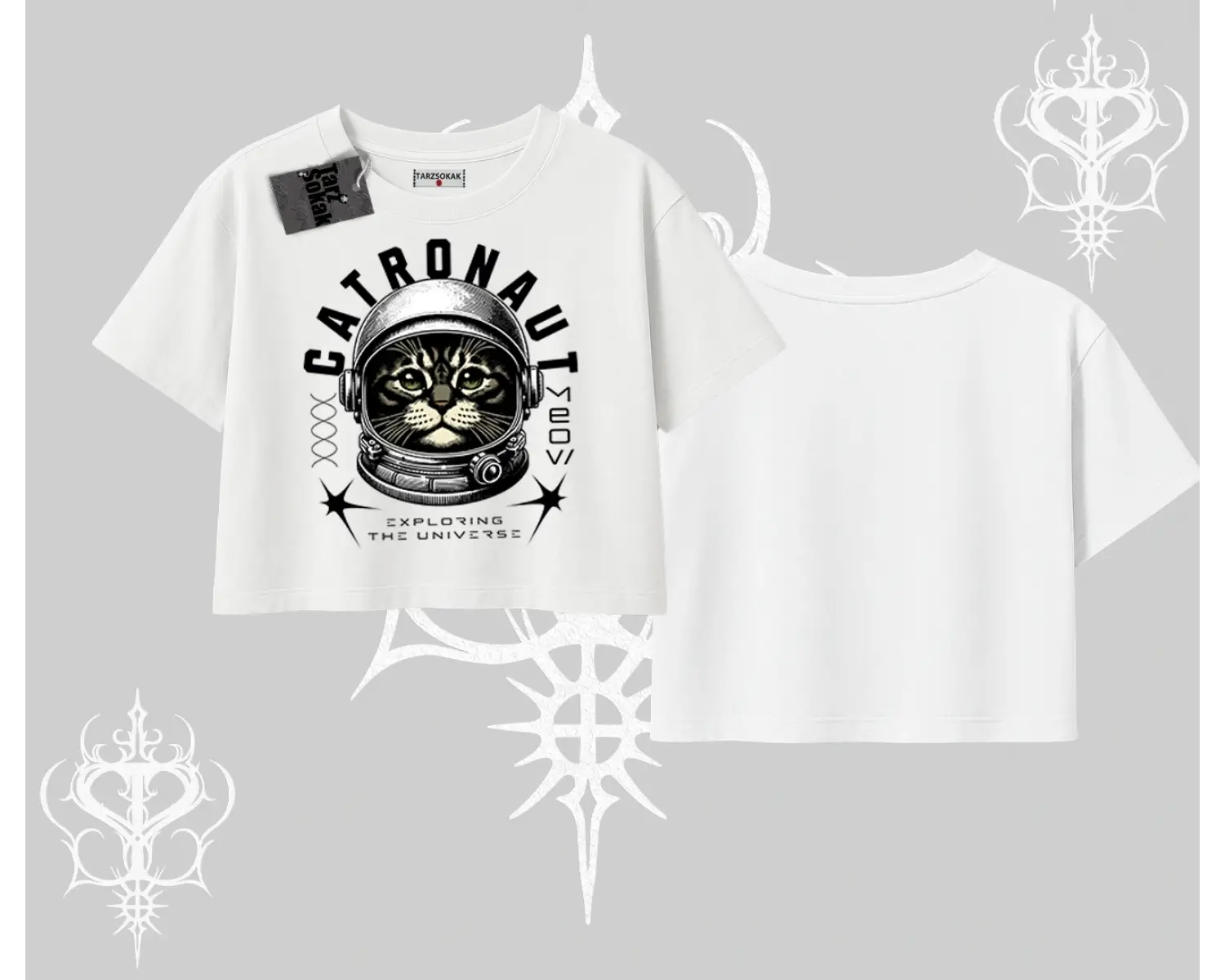 Catronaut Kedi Baskılı Oversize Crop Tshirt