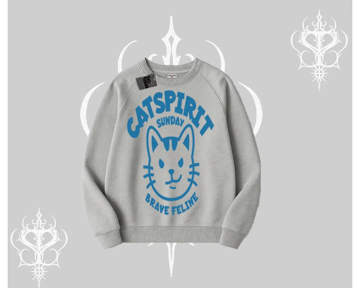 Catspirit Sunday Brave Feline Yazılı Kedi Baskılı Biskilet Sweatshirt