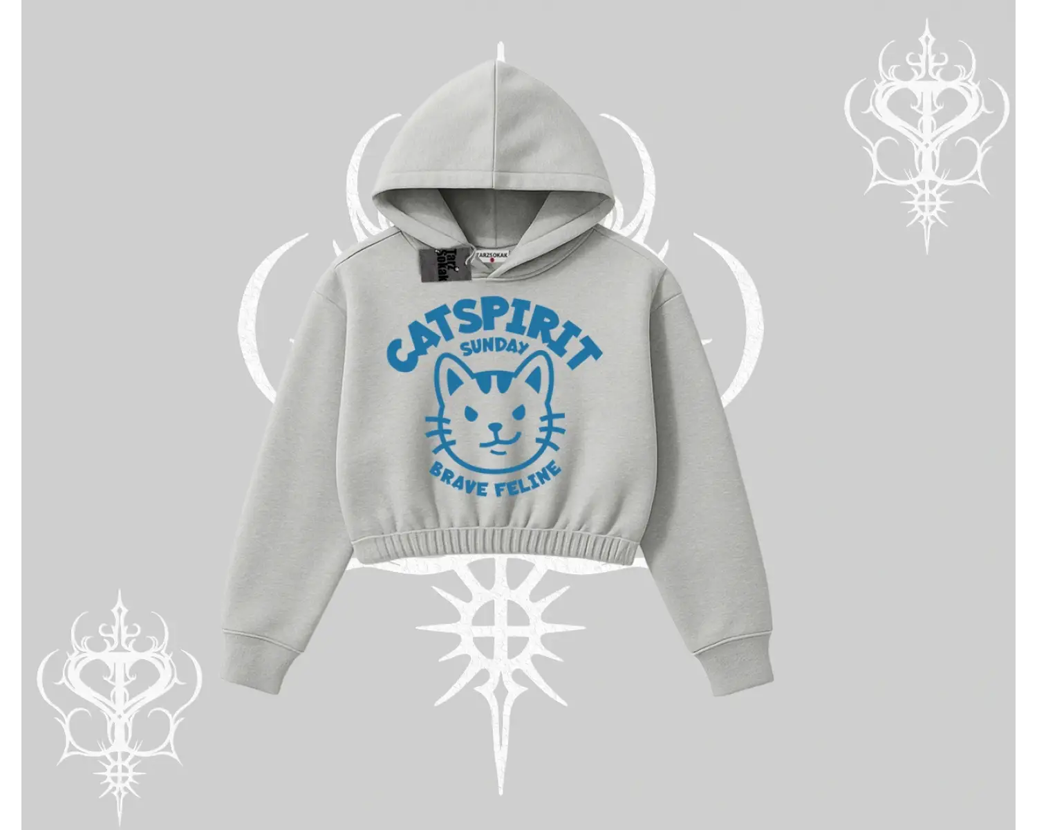 Catspirit Sunday Brave Feline Yazılı Kedi Baskılı Kapşonlu Crop Sweatshirt