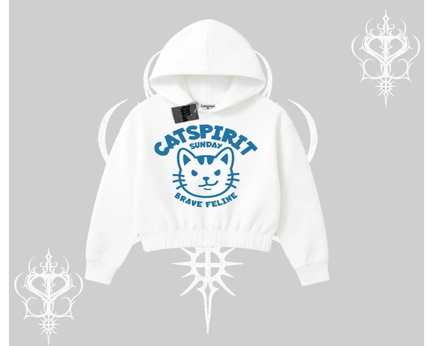 Catspirit Sunday Brave Feline Yazılı Kedi Baskılı Kapşonlu Crop Sweatshirt