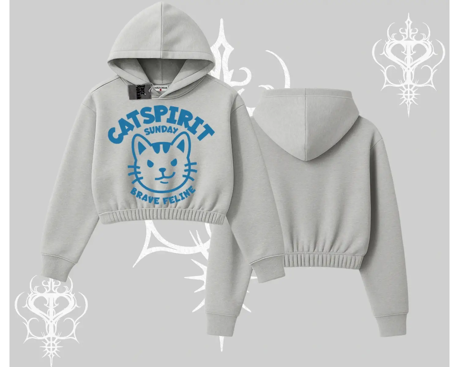 Catspirit Sunday Brave Feline Yazılı Kedi Baskılı Kapşonlu Crop Sweatshirt