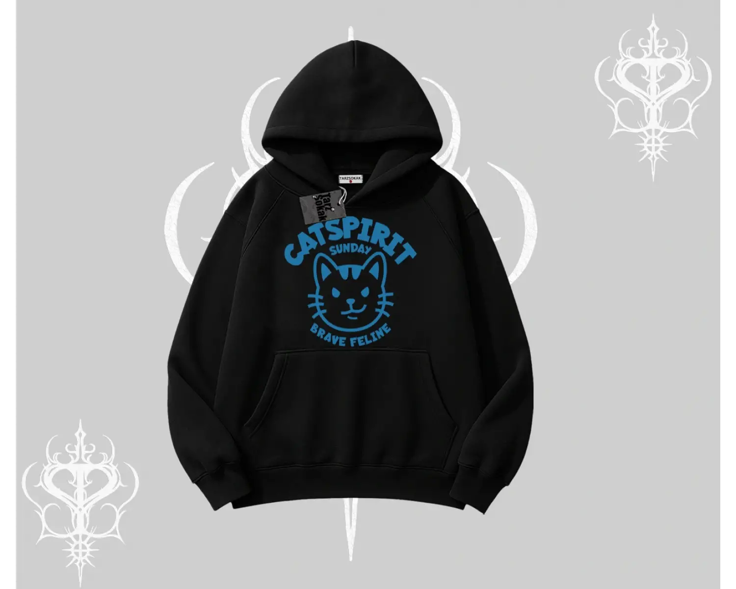 Catspirit Sunday Brave Feline Yazılı Kedi Baskılı Kapşonlu Sweatshirt