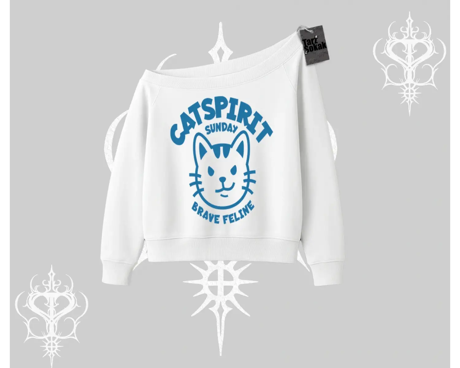 Catspirit Sunday Brave Feline Yazılı Kedi Baskılı Kayık Yaka Sweatshirt