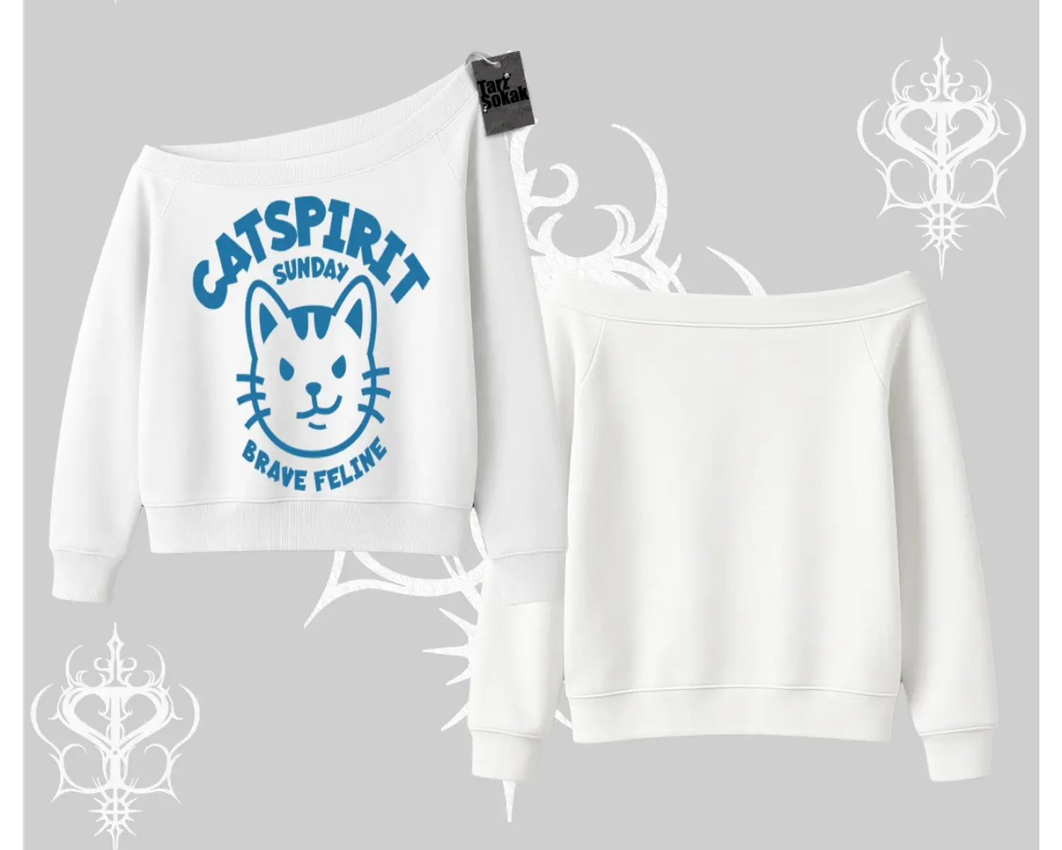 Catspirit Sunday Brave Feline Yazılı Kedi Baskılı Kayık Yaka Sweatshirt