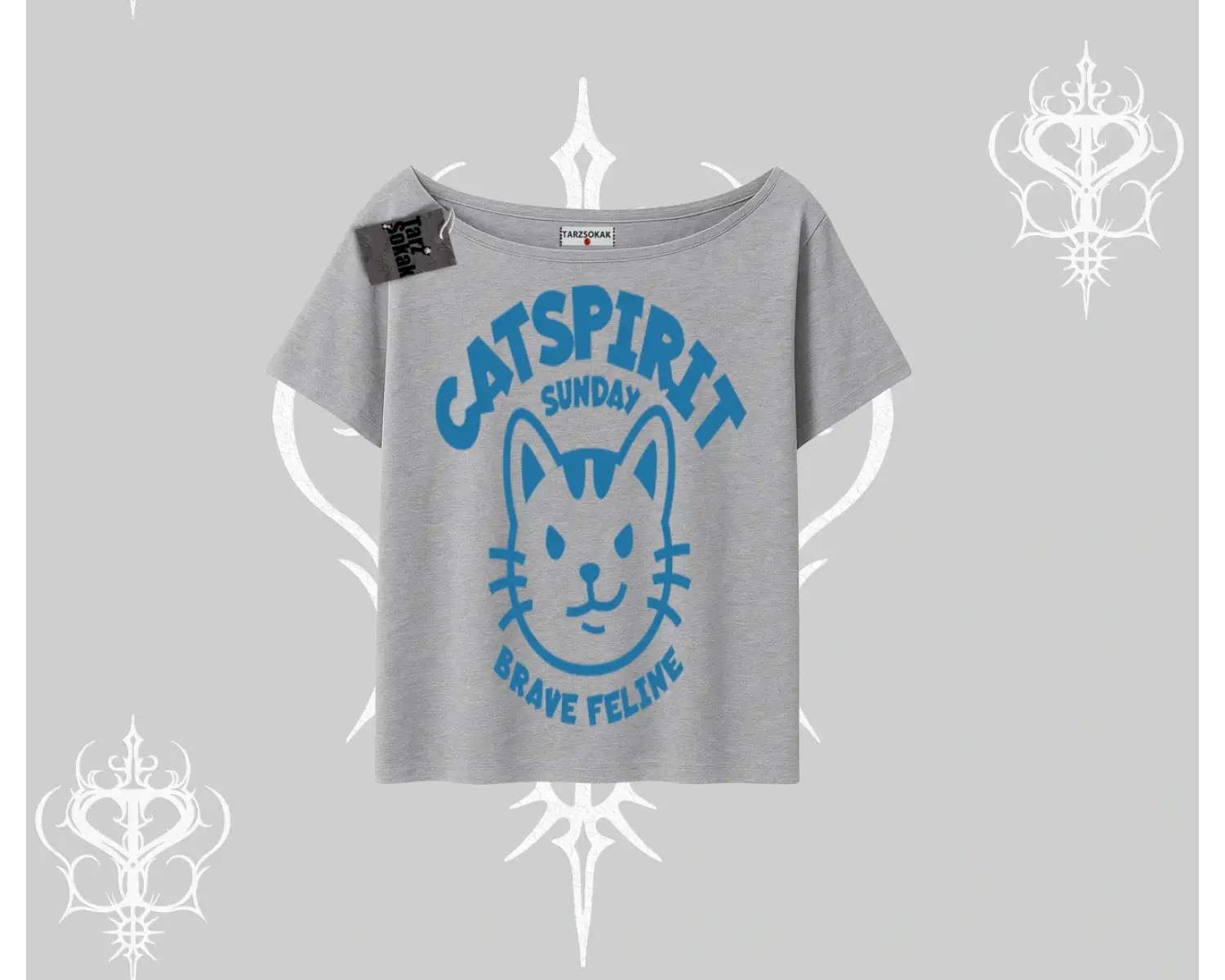 Catspirit Sunday Brave Feline Yazılı Kedi Baskılı Kayık Yaka Tshirt