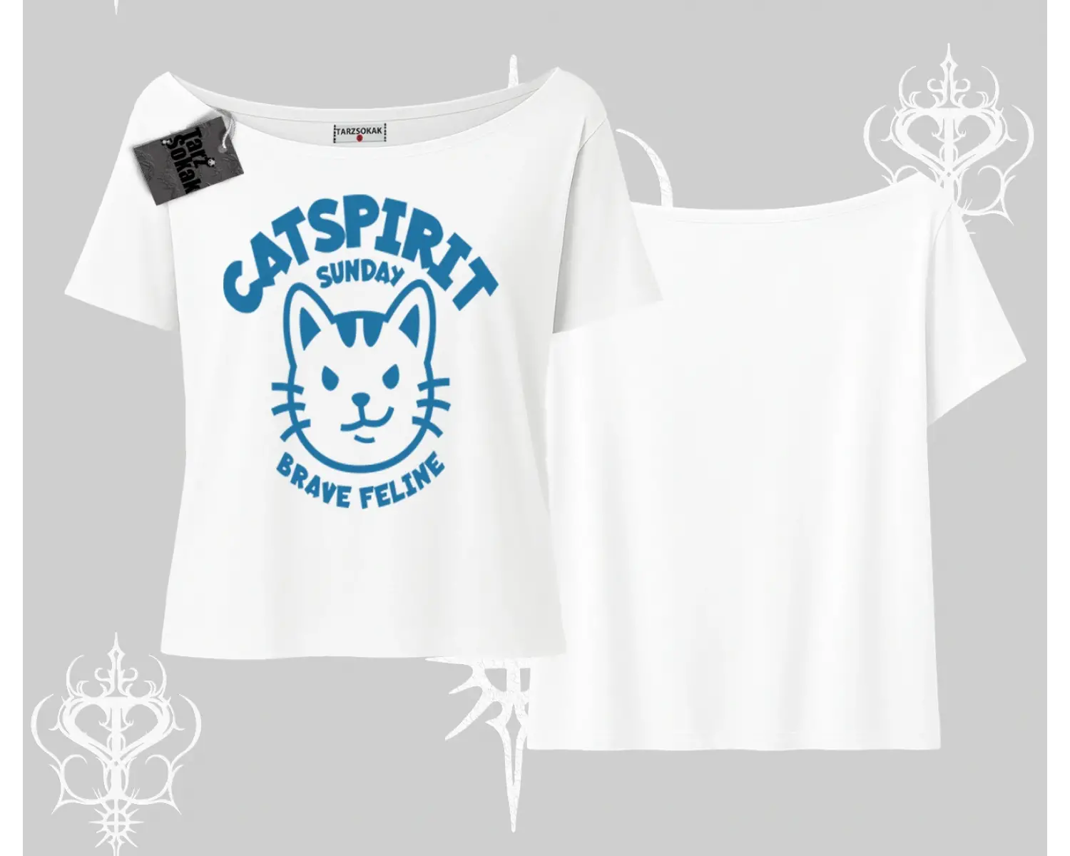 Catspirit Sunday Brave Feline Yazılı Kedi Baskılı Kayık Yaka Tshirt