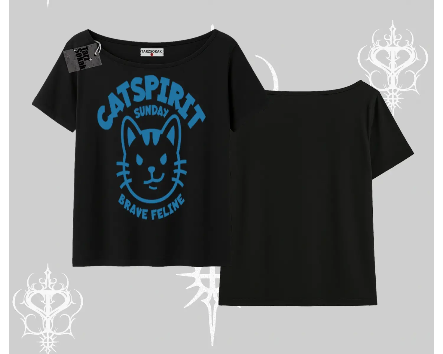 Catspirit Sunday Brave Feline Yazılı Kedi Baskılı Kayık Yaka Tshirt