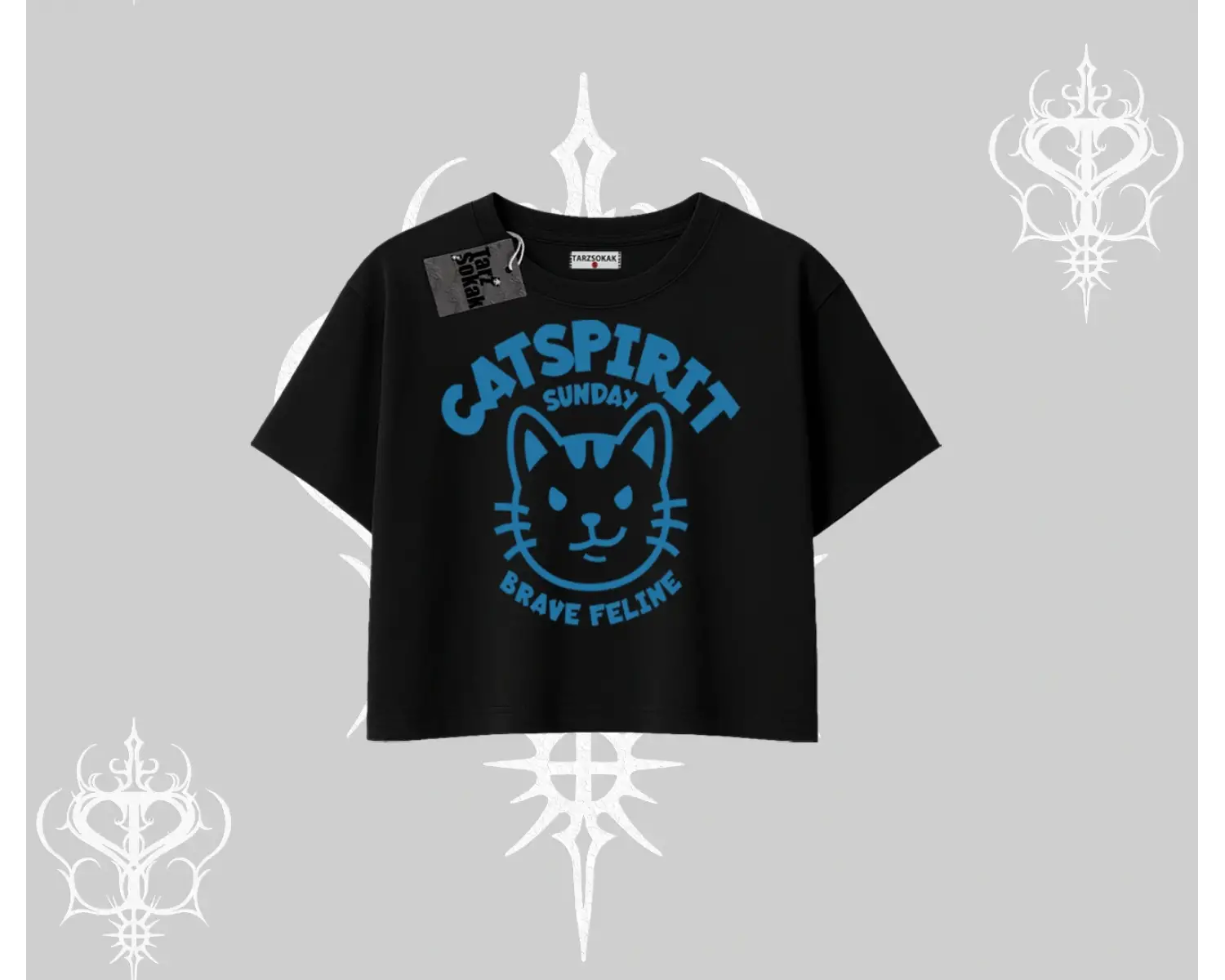 Catspirit Sunday Brave Feline Yazılı Kedi Baskılı Oversize Crop Tshirt