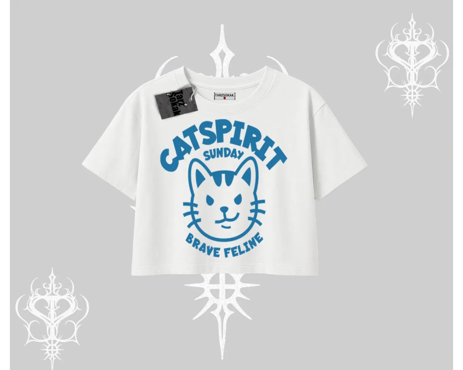 Catspirit Sunday Brave Feline Yazılı Kedi Baskılı Oversize Crop Tshirt
