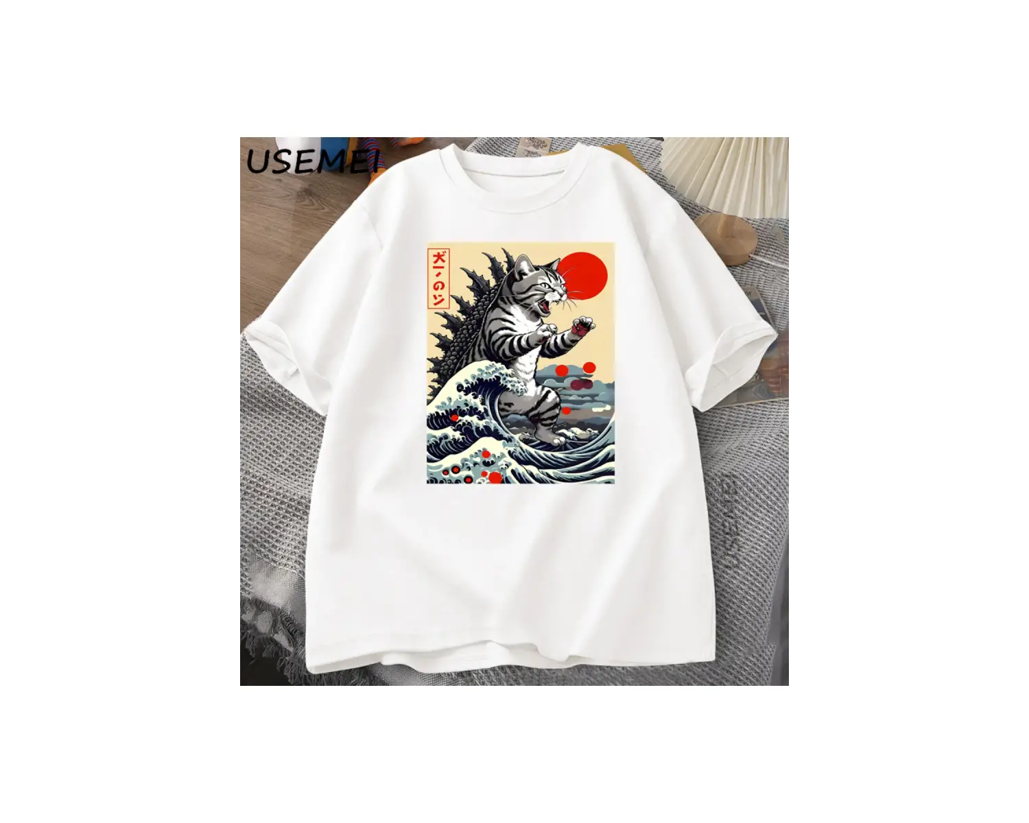Catzilla Kedi Japon komik tişört Erkekler Kadınlar için Vintage Karikatür Baskı Rahat Rahat Y 2853