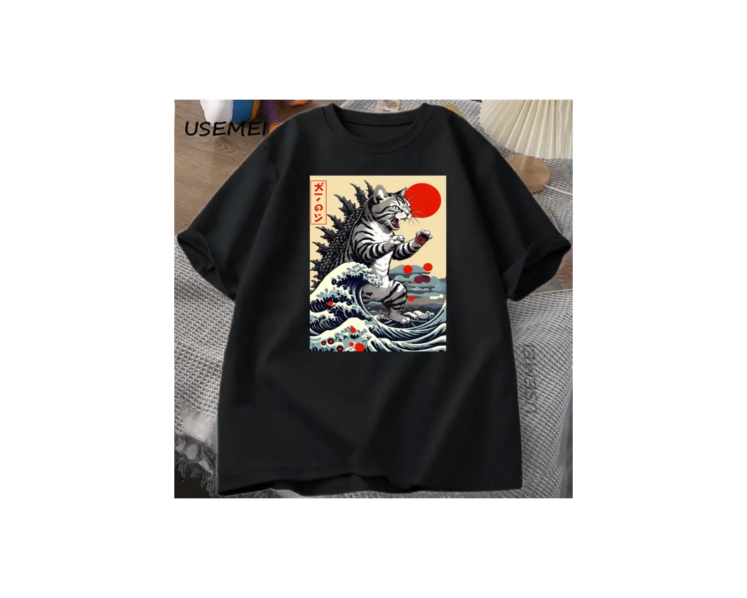 Catzilla Kedi Japon komik tişört Erkekler Kadınlar için Vintage Karikatür Baskı Rahat Rahat Y 2853