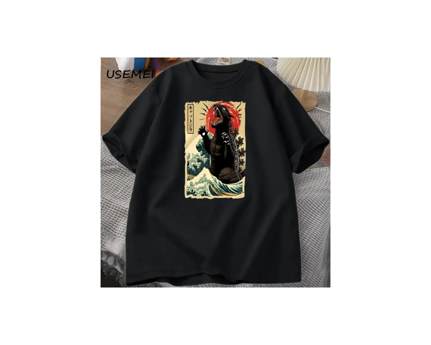 Catzilla T Shirt Kedi Büyük Dalga komik tişört Erkekler Kadınlar için Japon Tshirt Büyük Boy 2932