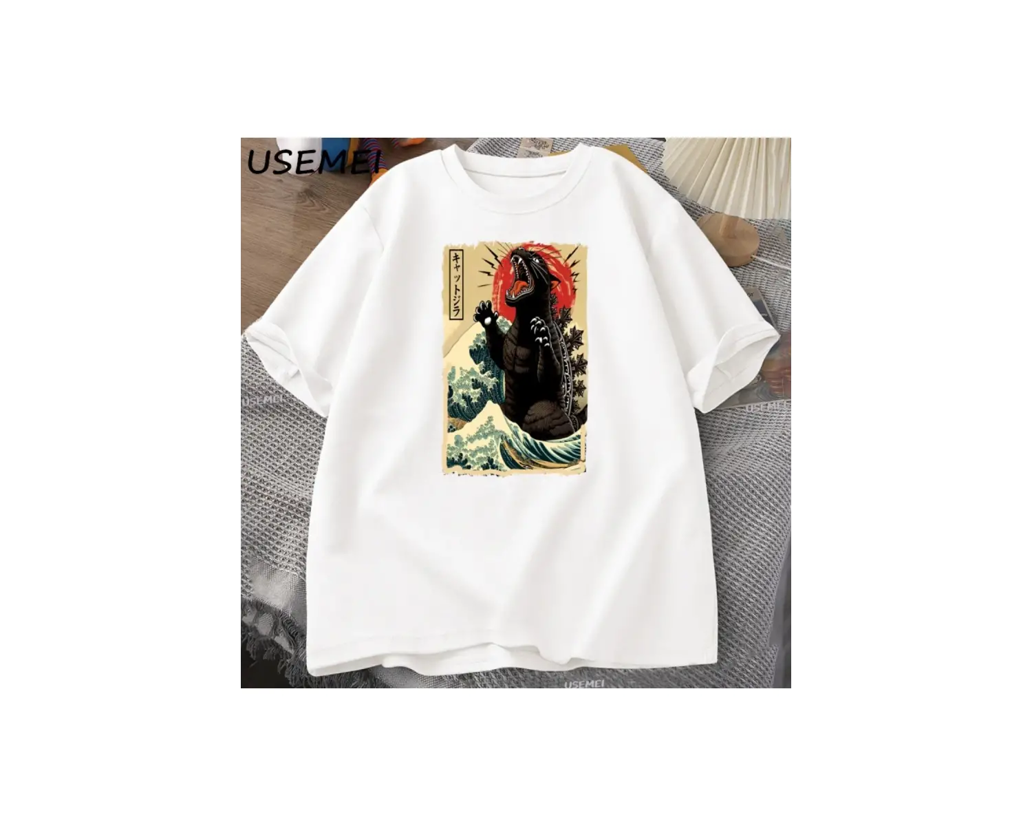 Catzilla T Shirt Kedi Büyük Dalga komik tişört Erkekler Kadınlar için Japon Tshirt Büyük Boy 2932