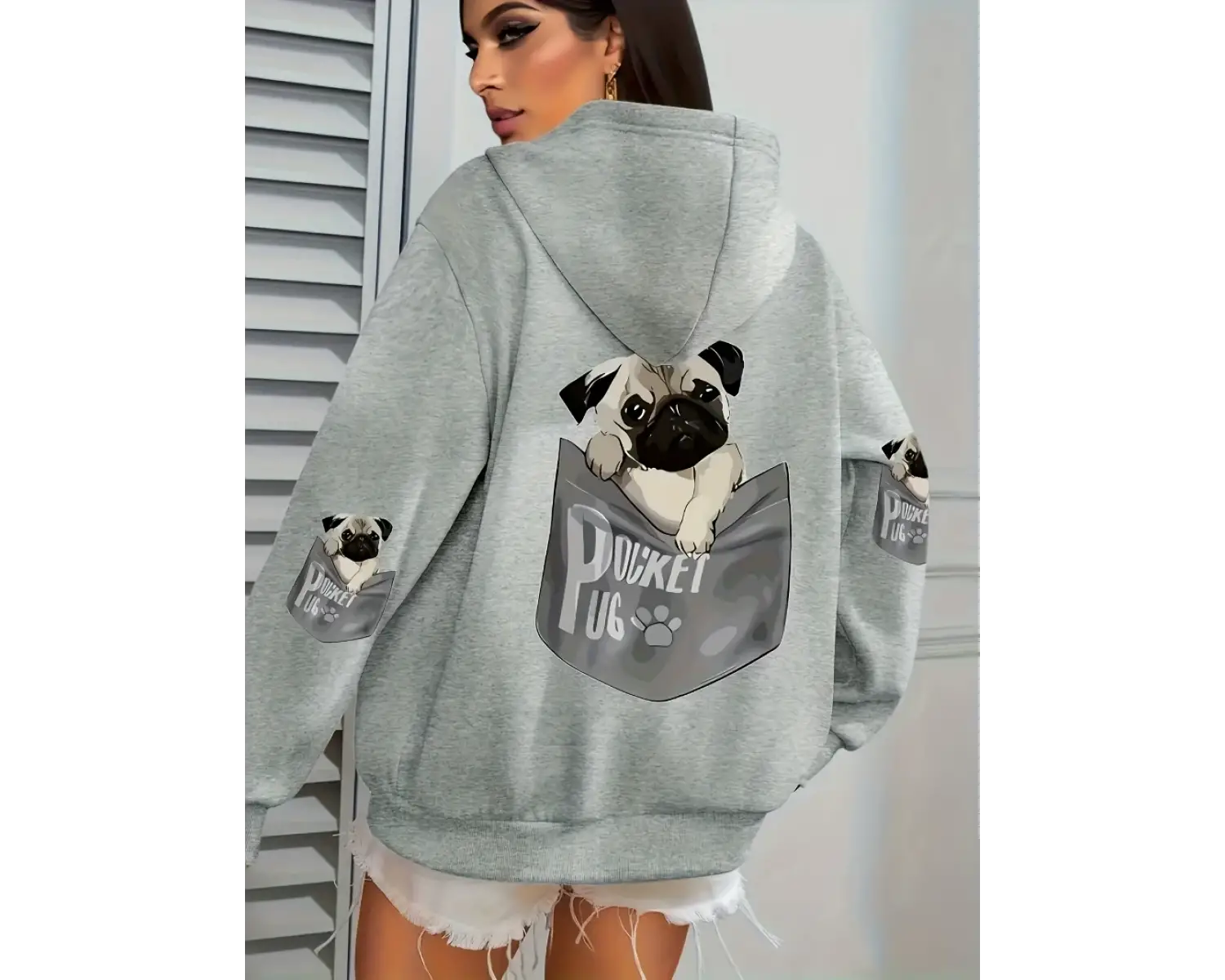 Cep Pug Kapüşonlu Üstleri Kadınlar Karikatür Köpek Baskılı Büyük Beden Cepli Kapüşonlu Üst Kı