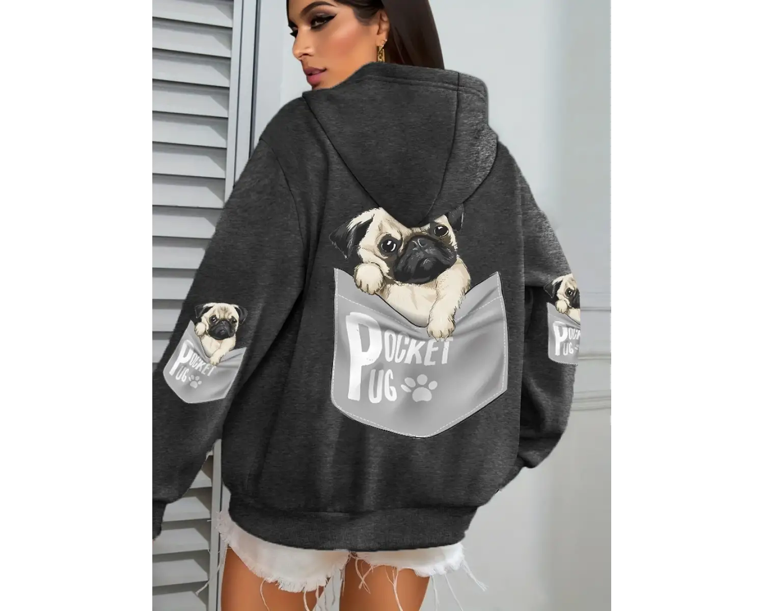 Cep Pug Kapüşonlu Üstleri Kadınlar Karikatür Köpek Baskılı Büyük Beden Cepli Kapüşonlu Üst Kı