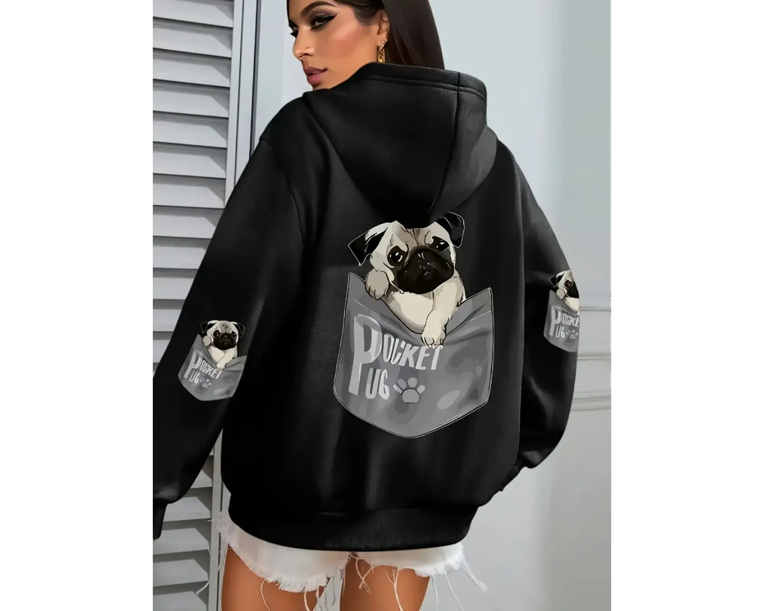 Cep Pug Kapüşonlu Üstleri Kadınlar Karikatür Köpek Baskılı Büyük Beden Cepli Kapüşonlu Üst Kı