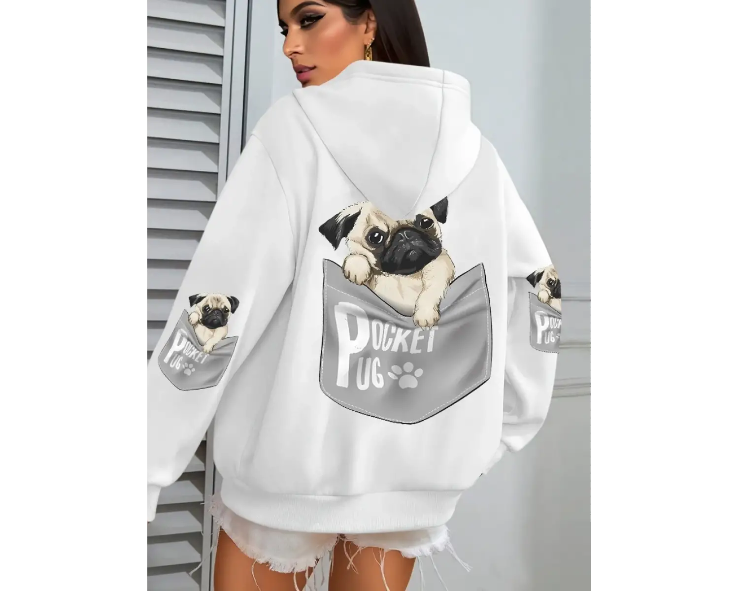 Cep Pug Kapüşonlu Üstleri Kadınlar Karikatür Köpek Baskılı Büyük Beden Cepli Kapüşonlu Üst Kı