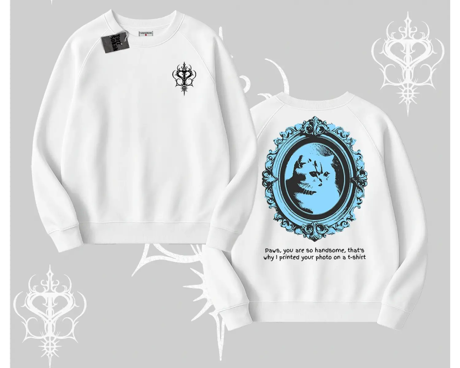 Çerçeveli Kedi Baskılı Biskilet Sweatshirt