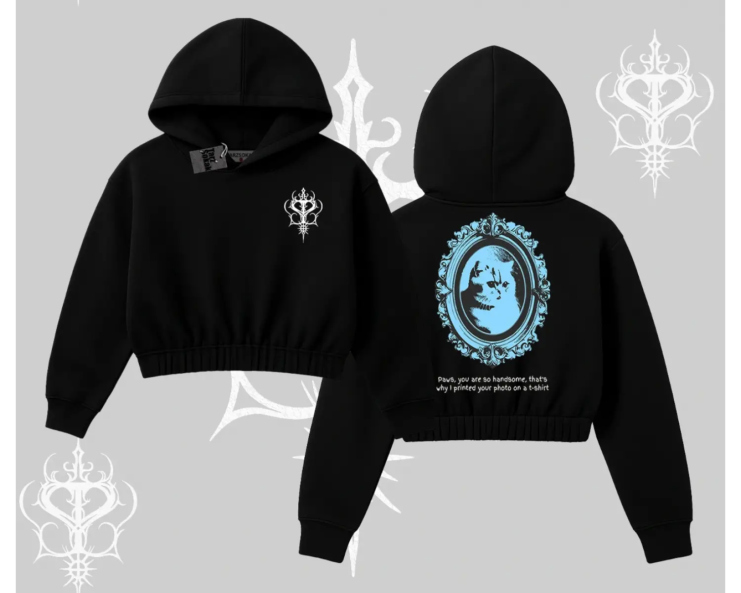 Çerçeveli Kedi Baskılı Kapşonlu Crop Sweatshirt