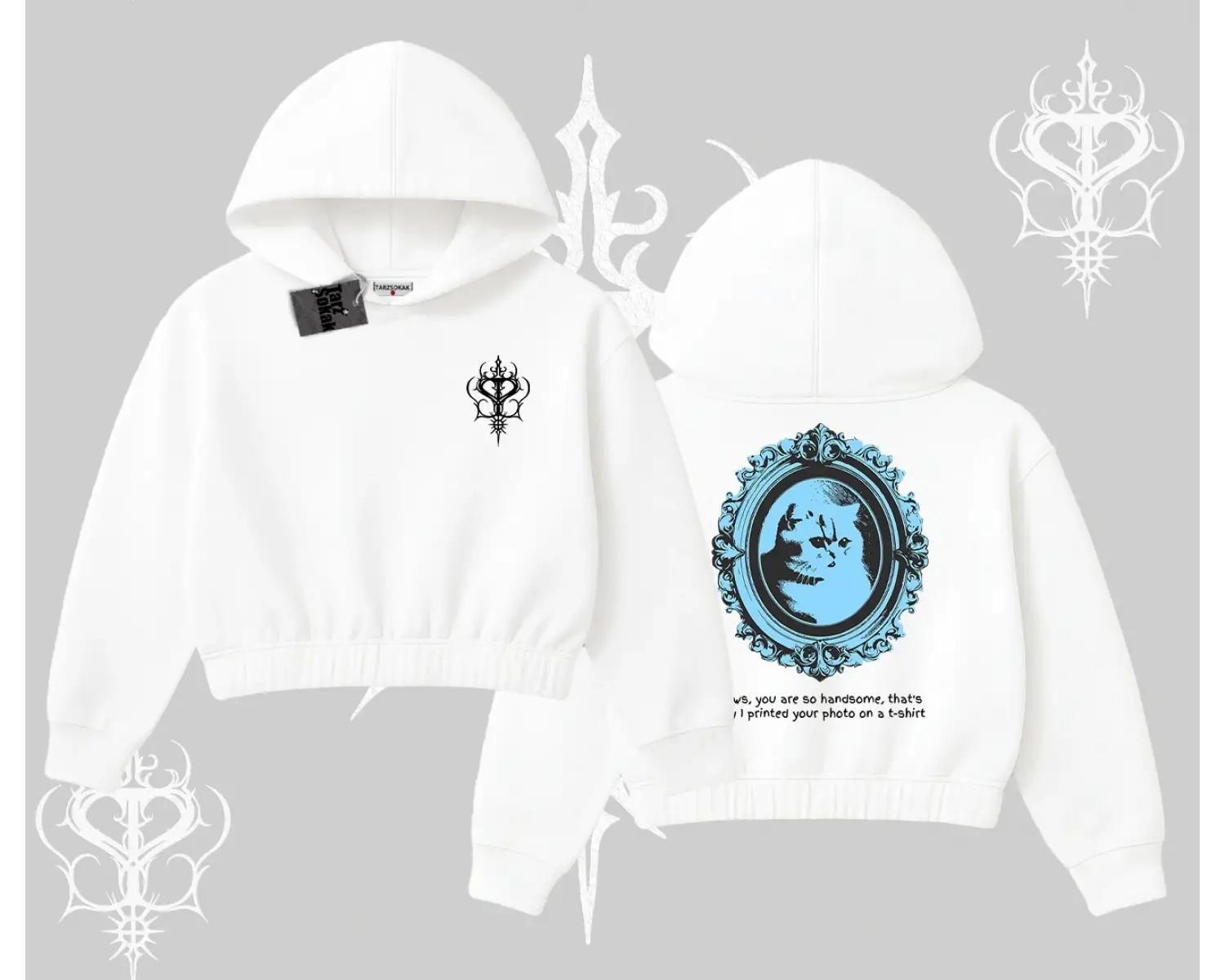 Çerçeveli Kedi Baskılı Kapşonlu Crop Sweatshirt