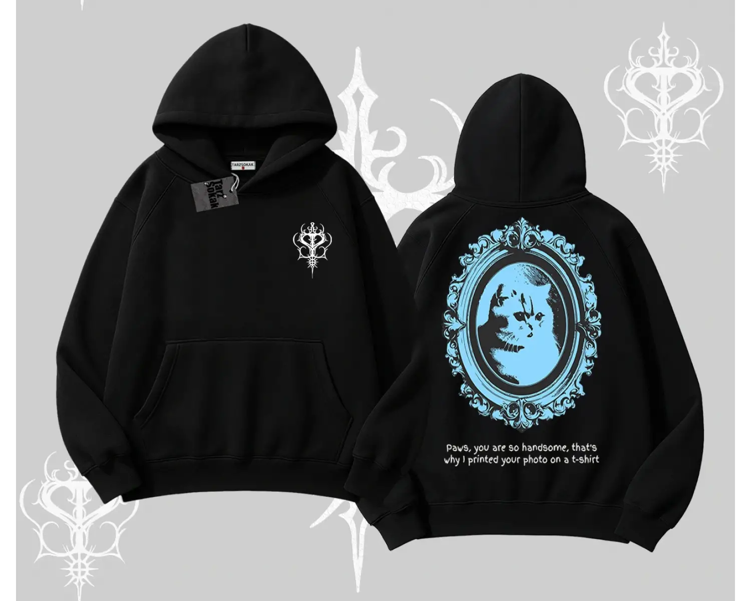 Çerçeveli Kedi Baskılı Kapşonlu Sweatshirt