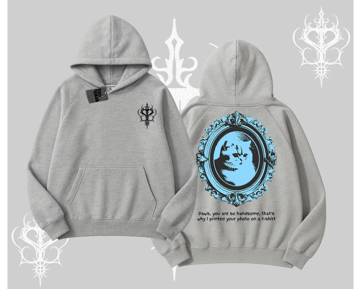 Çerçeveli Kedi Baskılı Kapşonlu Sweatshirt