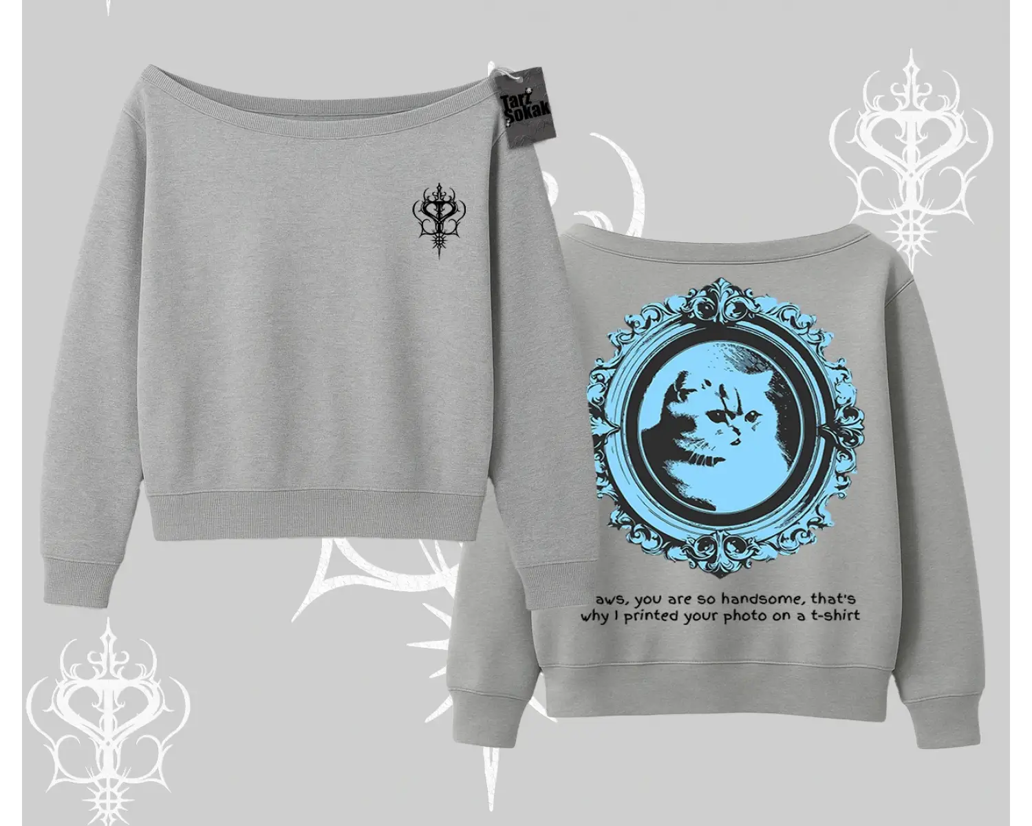 Çerçeveli Kedi Baskılı Kayık Yaka Sweatshirt