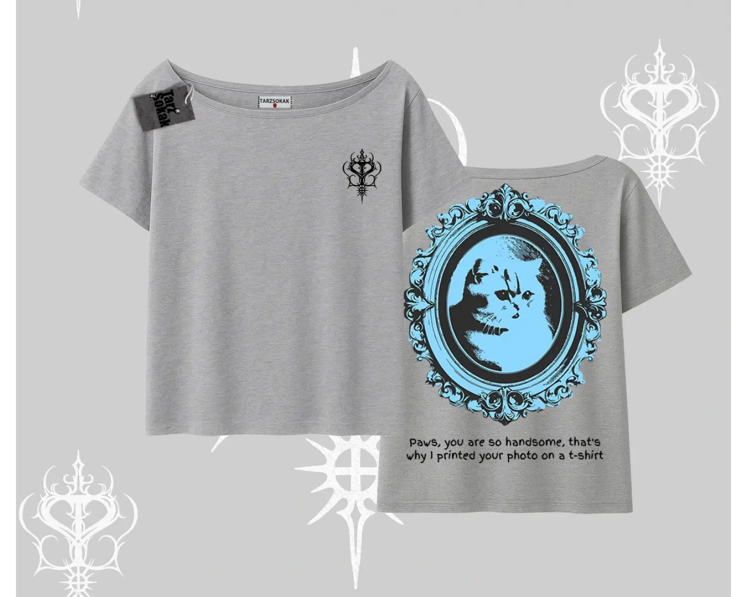 Çerçeveli Kedi Baskılı Kayık Yaka Tshirt