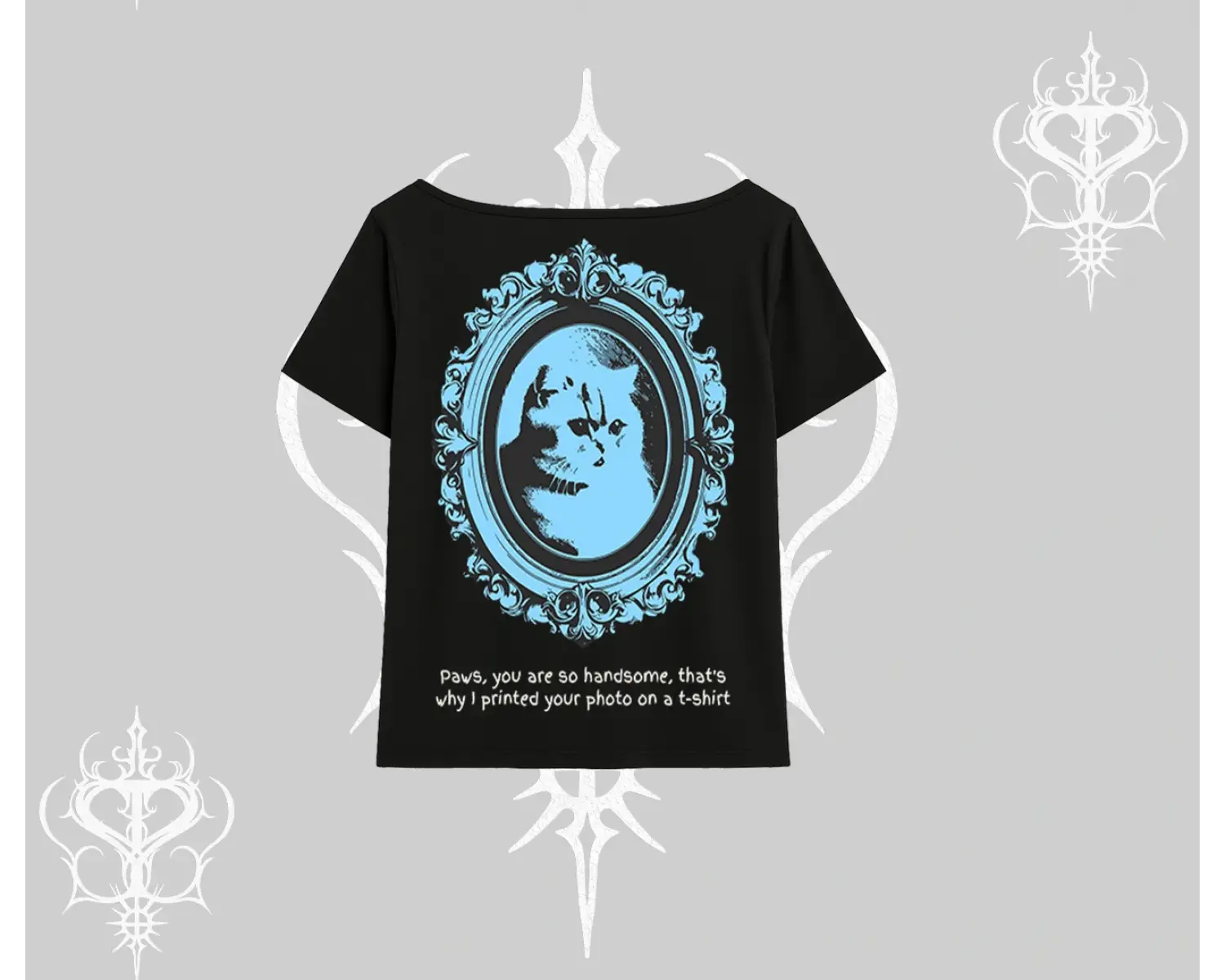 Çerçeveli Kedi Baskılı Kayık Yaka Tshirt