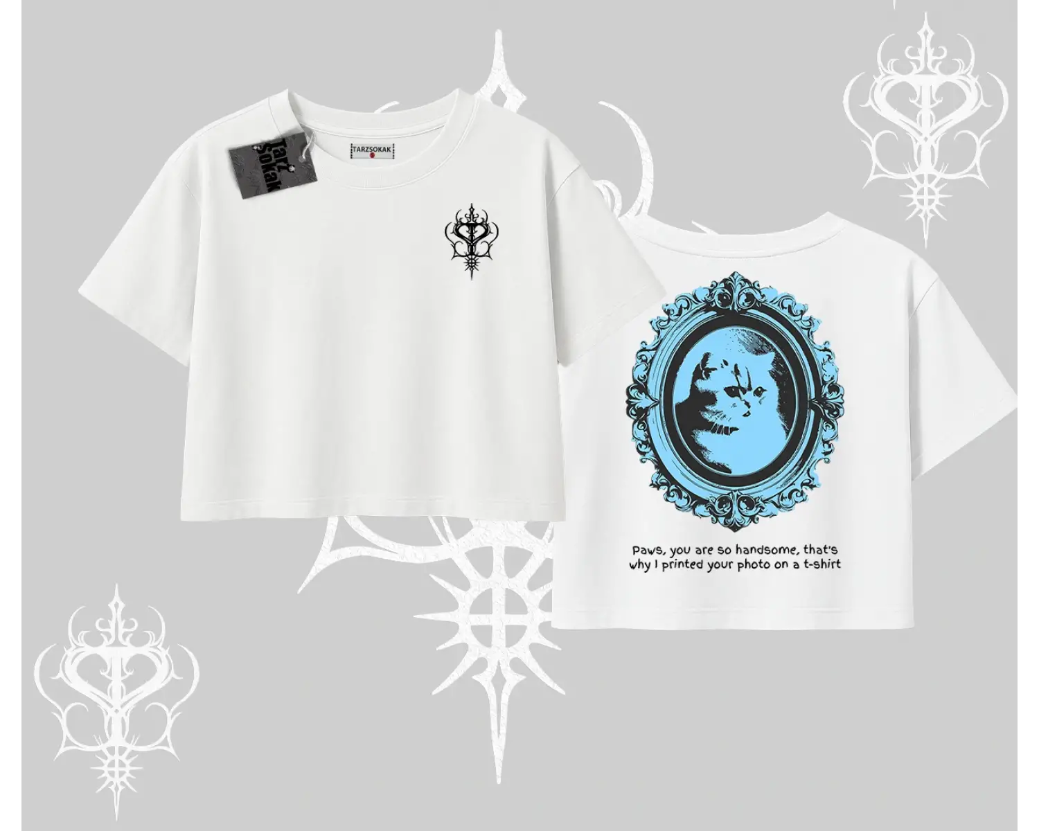 Çerçeveli Kedi Baskılı Oversize Crop Tshirt