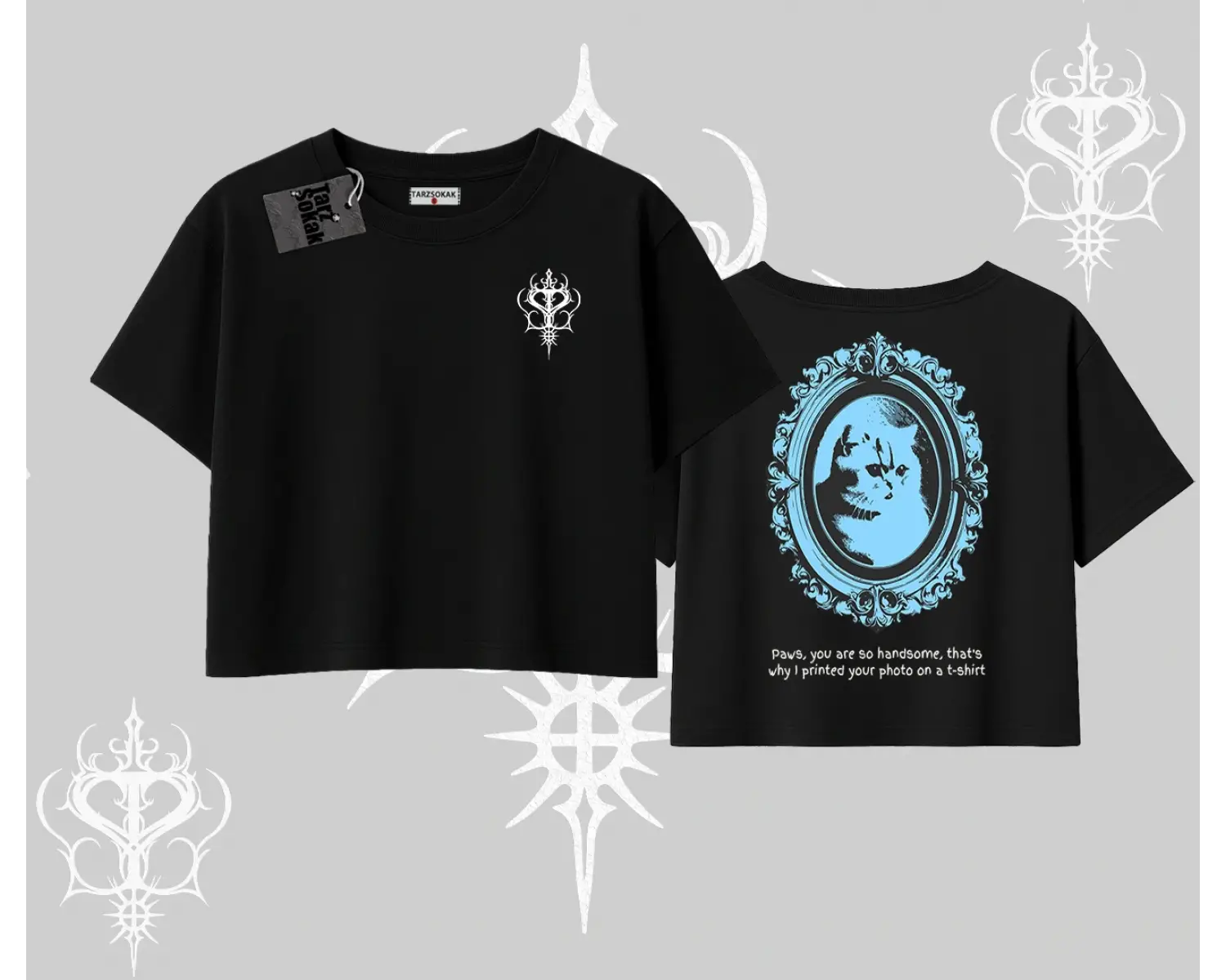 Çerçeveli Kedi Baskılı Oversize Crop Tshirt