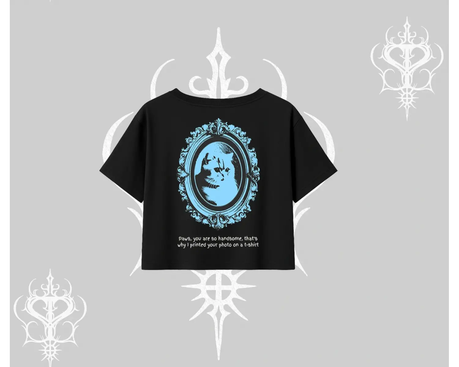 Çerçeveli Kedi Baskılı Oversize Crop Tshirt