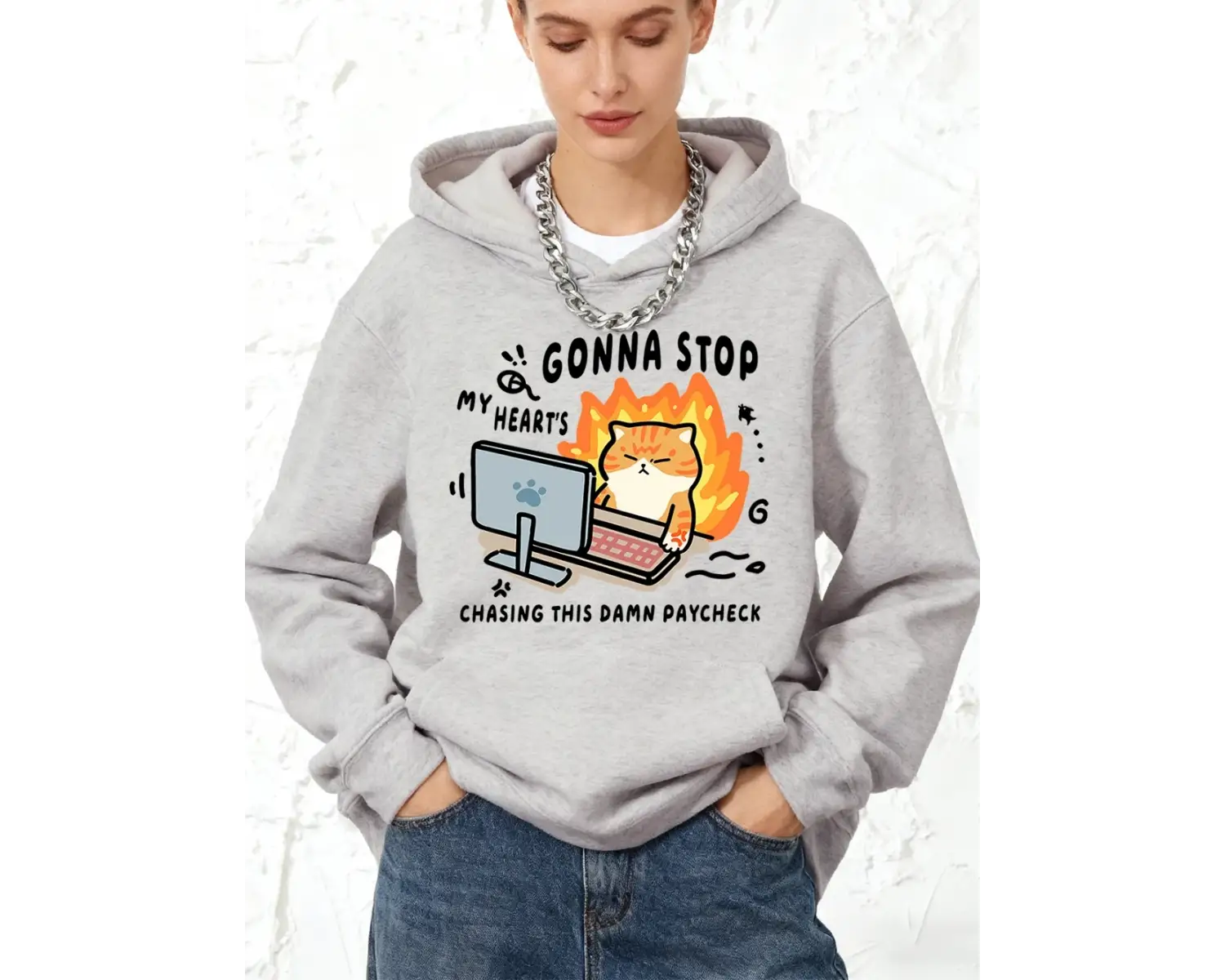 Chasing Paycheck Kedi Baskılı Pamuklu Kapüşonlu Üstler Kadınlar İçin Kışlık Polar Sıcak Sweat