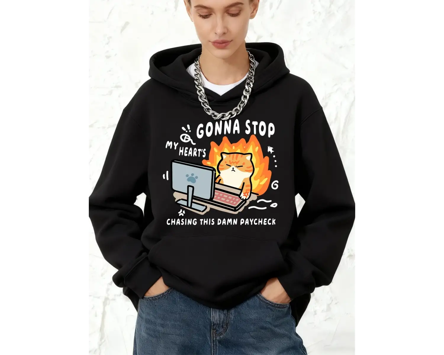 Chasing Paycheck Kedi Baskılı Pamuklu Kapüşonlu Üstler Kadınlar İçin Kışlık Polar Sıcak Sweat