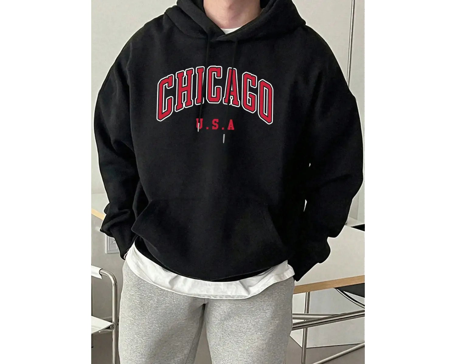Chicago ABD Mektup Baskılı Erkek Günlük Kapüşonlu Sweatshirtler Her Şeyle Uyumlu Polar Sweats