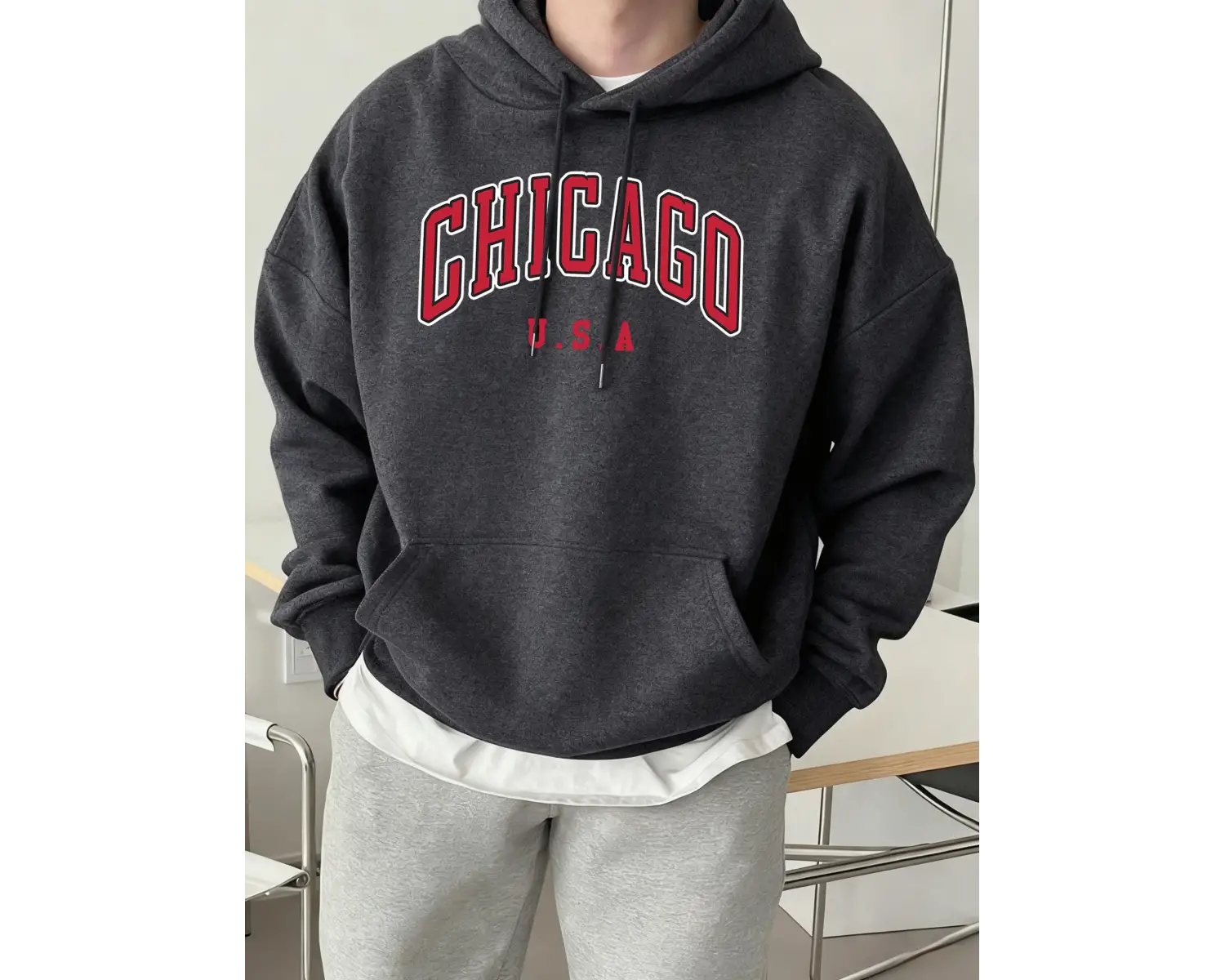 Chicago ABD Mektup Baskılı Erkek Günlük Kapüşonlu Sweatshirtler Her Şeyle Uyumlu Polar Sweats